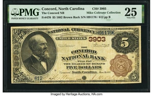 image for: Concord, NC - $5 1882 Brown Back Fr. 470 The Concord National Bank Ch. # 3903 PMG Very Fine 25....