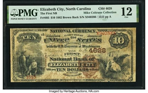 image for: Elizabeth City, NC - $10 1882 Brown Back Fr. 485 The First National Bank Ch. # 4628 PMG Fine 12....