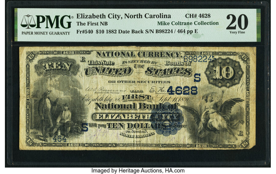 image for: Elizabeth City, NC - $10 1882 Date Back Fr. 540 The First National Bank Ch. # (S)4628 PMG Very Fine 20....