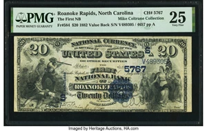 image for: Roanoke Rapids, NC - $20 1882 Value Back Fr. 584 The First National Bank Ch. # (S)5767 PMG Very Fine 25....