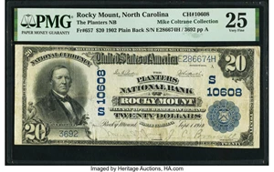 image for: Rocky Mount, NC - $20 1902 Plain Back Fr. 657 The Planters National Bank Ch. # (S)10608 PMG Very Fine 25....