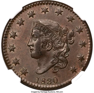 image for: 1830 1C Large Letters, N-8, R.1, MS64 Brown NGC....