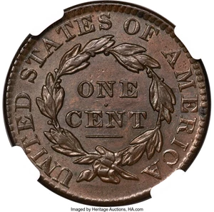 image for: 1830 1C Large Letters, N-8, R.1, MS64 Brown NGC....