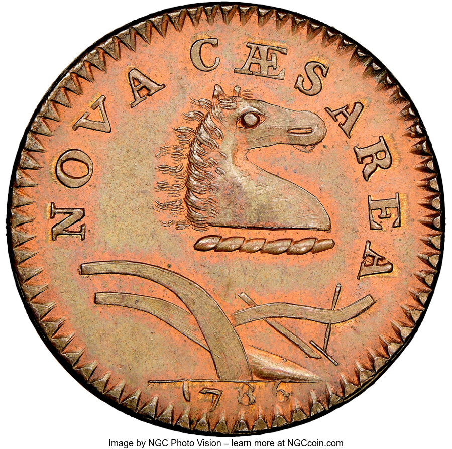 image for: 1786 New Jersey Copper, Bridle, Wide Shield, M. 18-M, W-4890, R.2, MS66 Red and Brown NGC....