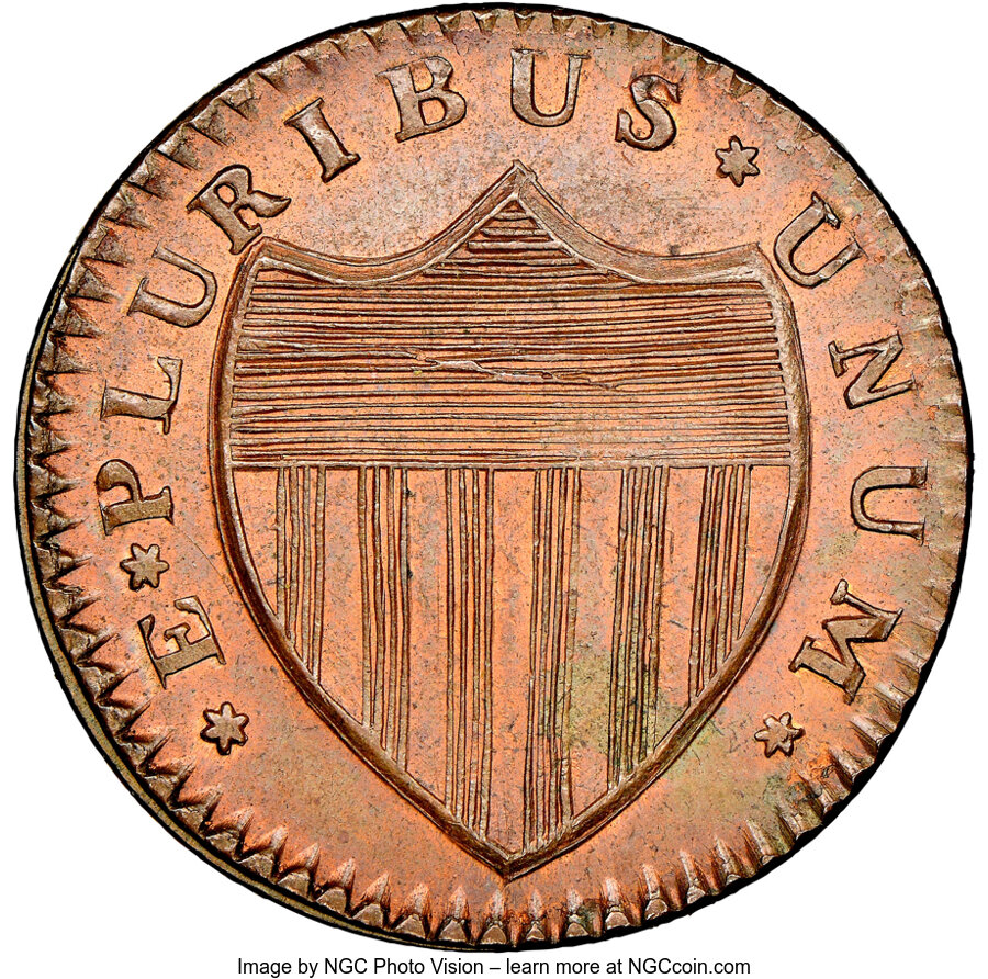 image for: 1786 New Jersey Copper, Bridle, Wide Shield, M. 18-M, W-4890, R.2, MS66 Red and Brown NGC....
