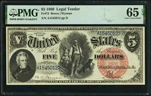 image for: Fr. 73 $5 1880 Legal Tender PMG Gem Uncirculated 65 EPQ....