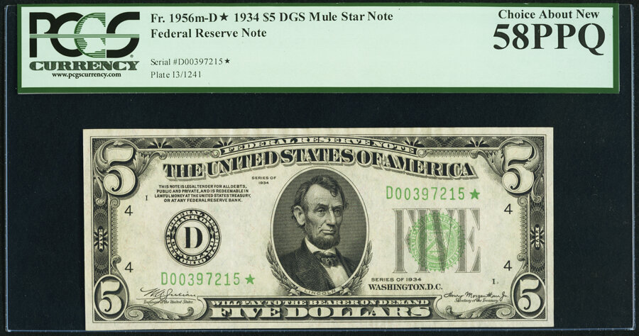 image for: Fr. 1956-D* $5 1934 Mule Federal Reserve Star Note. PCGS Choice About New 58PPQ....