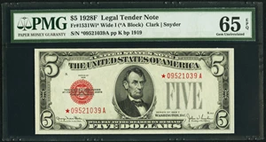 image for: Fr. 1531* $5 1928F Wide I Legal Tender Star Note. PMG Gem Uncirculated 65 EPQ....