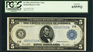 image for: Fr. 851a $5 1914 Federal Reserve Note PCGS Gem New 65PPQ....