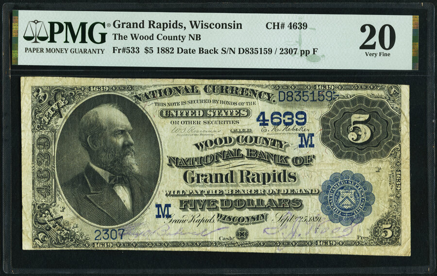 image for: Grand Rapids, WI - $5 1882 Date Back Fr. 533 The Wood County National Bank Ch. # (M)4639 PMG Very Fine 20....