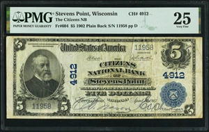 image for: Stevens Point, WI - $5 1902 Plain Back Fr. 604 The Citizens National Bank Ch. # 4912 PMG Very Fine 25....