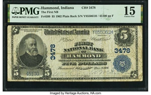 image for: Hammond, IN - $5 1902 Plain Back Fr. 599 The First National Bank Ch. # 3478 PMG Choice Fine 15....