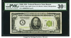 image for: Fr. 2201-A $500 1934 Light Green Seal Federal Reserve Note. PMG Very Fine 30 EPQ....