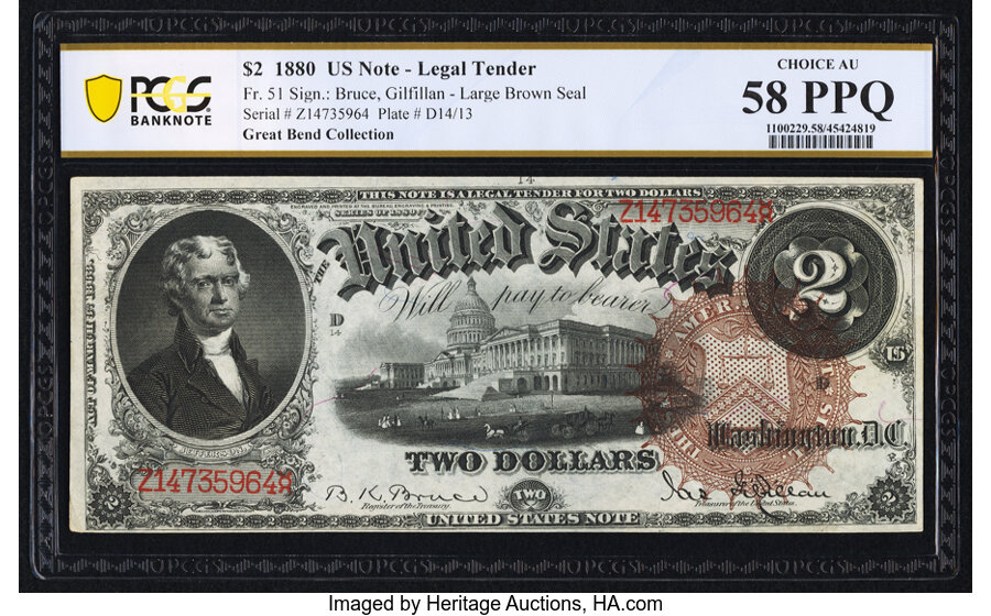 image for: Fr. 51 $2 1880 Legal Tender PCGS Banknote Choice AU 58 PPQ....