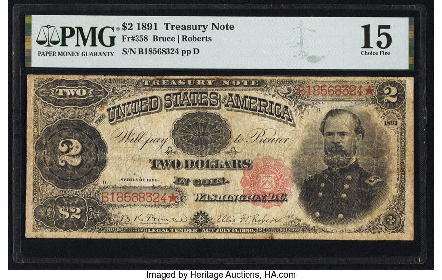 image for: Fr. 358 $2 1891 Treasury Note PMG Choice Fine 15....