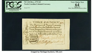 image for: North Carolina December, 1771 £3 PCGS Apparent Very Choice New 64....