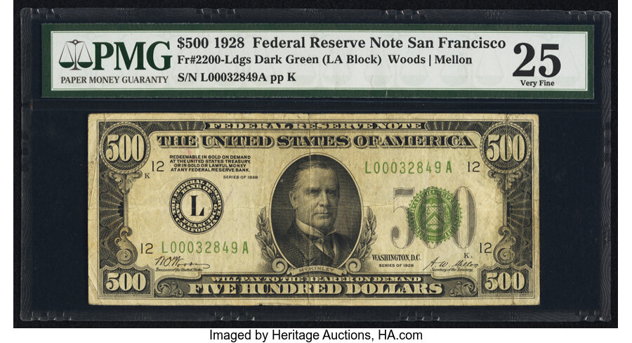 image for: Fr. 2200-L $500 1928 Federal Reserve Note. PMG Very Fine 25....