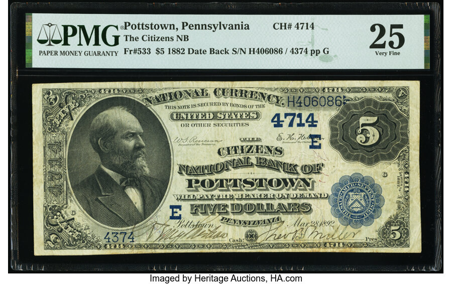 image for: Pottstown, PA - $5 1882 Date Back Fr. 533 The Citizens National Bank Ch. # (E)4714 PMG Very Fine 25....