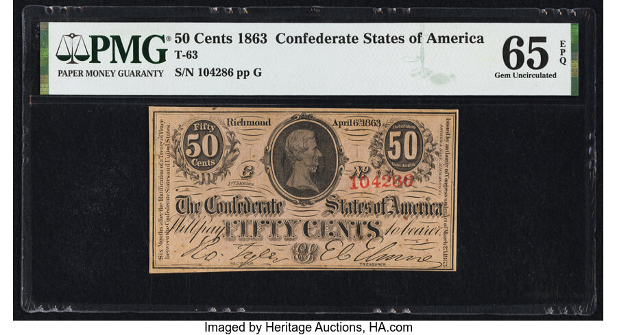 image for: T63 50 Cents 1863 PF-2 Cr. UNL PMG Gem Uncirculated 65 EPQ....