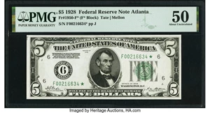 image for: Fr. 1950-F* $5 1928 Federal Reserve Star Note. PMG About Uncirculated 50....