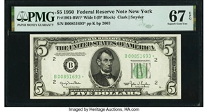 image for: Fr. 1961-B* $5 1950 Wide I Federal Reserve Star Note. PMG Superb Gem Unc 67 EPQ....