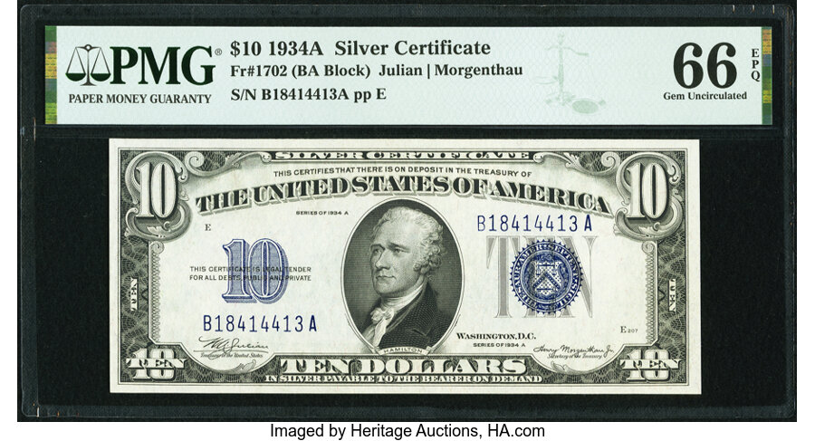 image for: Fr. 1702 $10 1934A Silver Certificate. PMG Gem Uncirculated 66 EPQ....