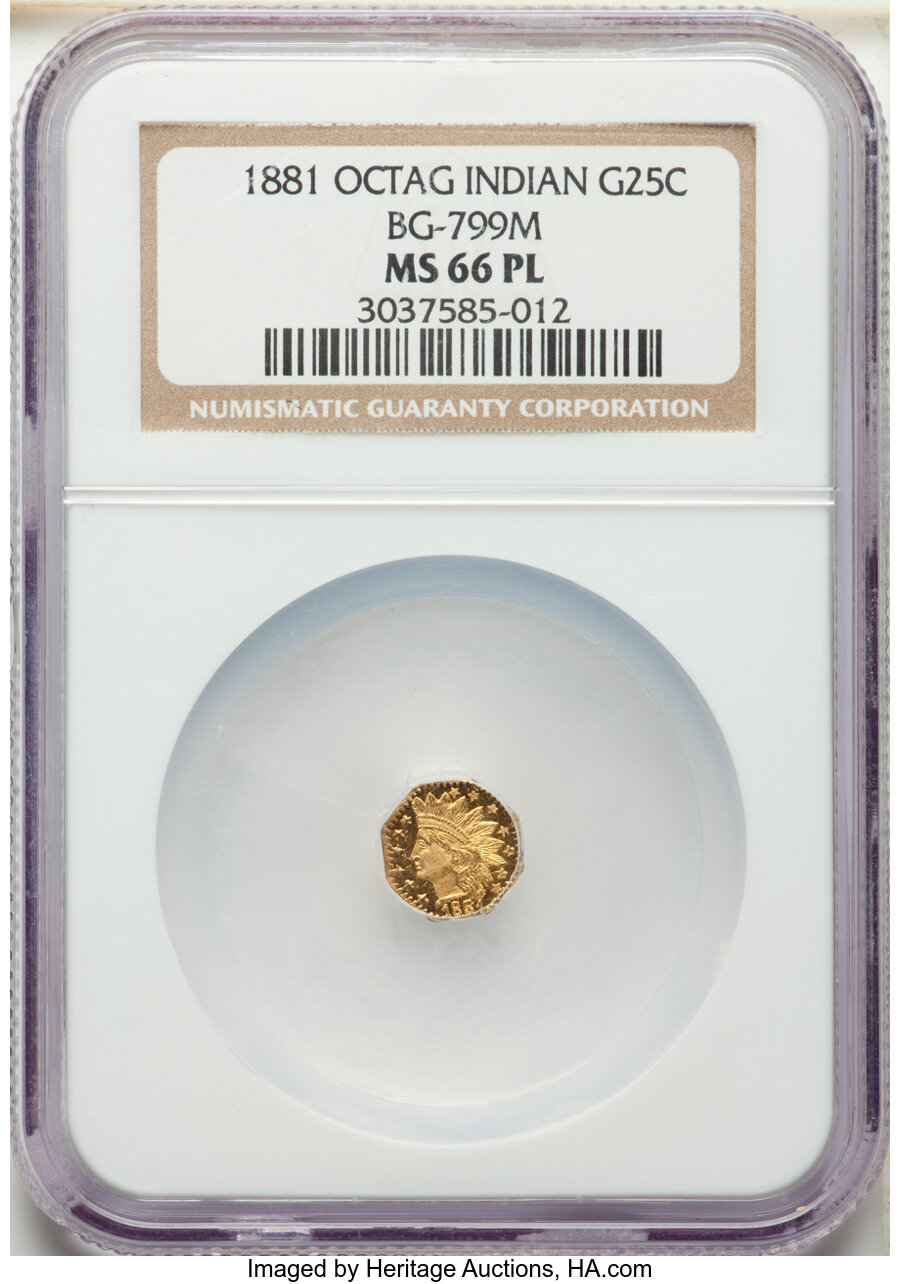 image for: 1881 25C Indian Octagonal 25 Cents, BG-799M, Low R.5, MS66 Prooflike NGC. NGC Census: (3/1). PCGS Population: (1/0).  ...