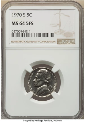 image for: 1970-S 5C MS64 Full Steps NGC. NGC Census: (8/13). PCGS Population: (44/55). CDN: $100 Whsle. Bid for NGC/PCGS MS64. ...