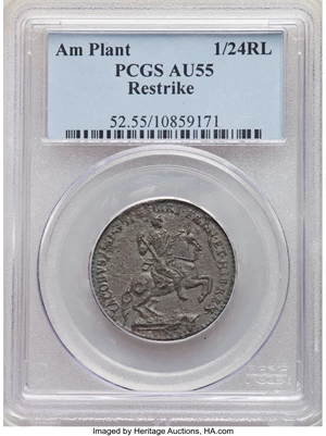 image for: (circa 1828) 1/24RL American Plantations 1/24 Part Real, Restrike, AU55 PCGS. PCGS Population: (4/32). NGC Census: (0/0). C...