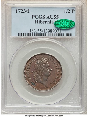 image for: 1723/2 1/2 P Hibernia Halfpenny AU55 PCGS. CAC. PCGS Population: (7/6). NGC Census: (0/0). ...