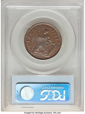image for: 1723/2 1/2 P Hibernia Halfpenny AU55 PCGS. CAC. PCGS Population: (7/6). NGC Census: (0/0). ...