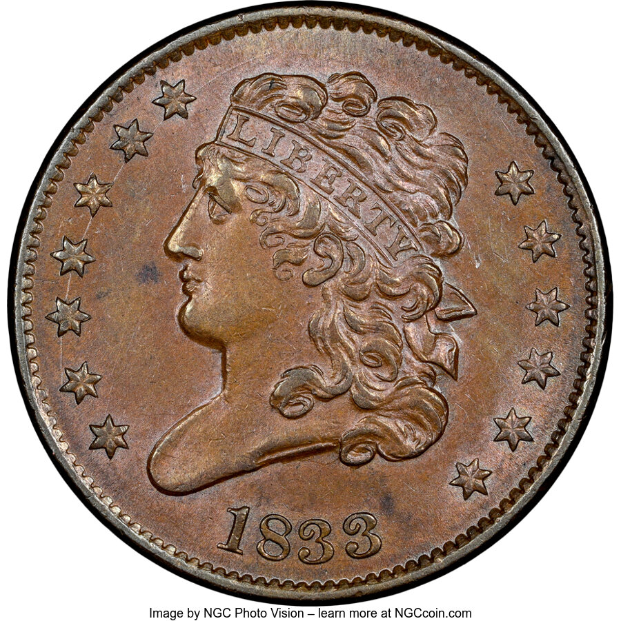 image for: 1833 1/2 C C-1, B-1, R.1, MS62 Brown NGC. NGC Census: (81/205). PCGS Population: (3/14). CDN: $280 Whsle. Bid for NGC/PCGS ...