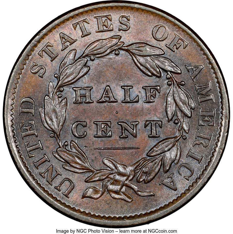 image for: 1833 1/2 C C-1, B-1, R.1, MS62 Brown NGC. NGC Census: (81/205). PCGS Population: (3/14). CDN: $280 Whsle. Bid for NGC/PCGS ...