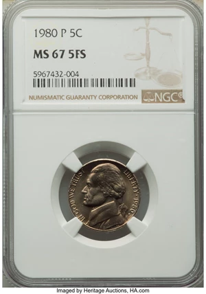 image for: 1980-P 5C MS67 Full Steps NGC. NGC Census: (6/0). PCGS Population: (0/0). ...