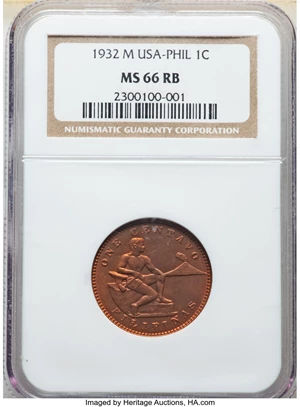 image for: 1932-M 1C Philippines Centavo MS66 Red and Brown NGC. NGC Census: (0/0). PCGS Population: (2/1)....