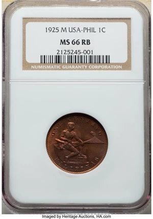 image for: 1925-M 1C Philippines Centavo MS66 Red and Brown NGC. NGC Census: (0/0). PCGS Population: (6/0)....