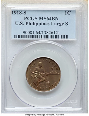 image for: 1918-S 1C Philippines Centavo, Large S, Allen-2.16a, MS64 Brown PCGS. PCGS Population: (6/2). NGC Census: (0/0)....