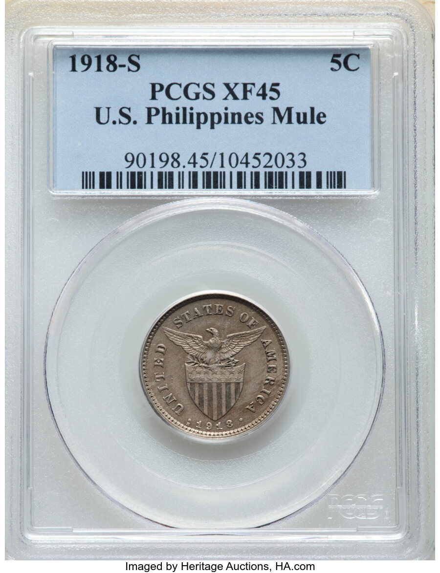 image for: 1918-S 5C Philippines 5 Centavos, Mule, Allen-4.08b, XF45 PCGS. PCGS Population: (4/29). NGC Census: (0/19)....