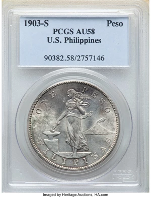 image for: 1903-S Philippines Peso AU58 PCGS. PCGS Population: (127/204). NGC Census: (57/145). CDN: $240 Whsle. Bid for NGC/PCGS AU5...