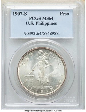 image for: 1907-S Philippines Peso MS64 PCGS. PCGS Population: (21/11). NGC Census: (13/2). CDN: $1,200 Whsle. Bid for NGC/PCGS MS64....