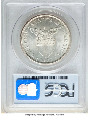 image for: 1907-S Philippines Peso MS64 PCGS. PCGS Population: (21/11). NGC Census: (13/2). CDN: $1,200 Whsle. Bid for NGC/PCGS MS64....