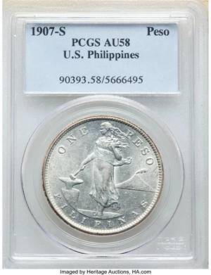 image for: 1907-S Philippines Peso AU58 PCGS. PCGS Population: (97/239). NGC Census: (39/107). CDN: $185 Whsle. Bid for NGC/PCGS AU58...