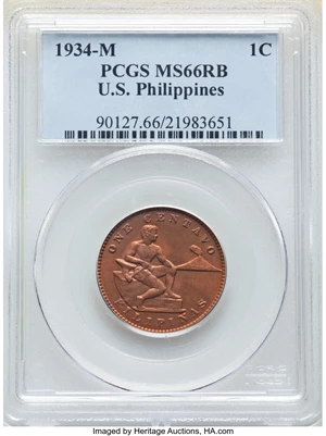 image for: 1934-M 1C Philippines Centavo MS66 Red and Brown PCGS. PCGS Population: (5/0). NGC Census: (0/0)....