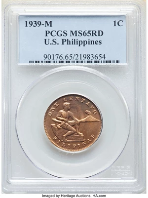image for: 1939-M 1C Philippines Centavo MS65 Red PCGS. PCGS Population: (12/3). NGC Census: (0/0)....