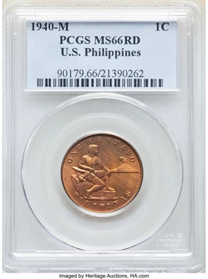 image for: 1940-M 1C Philippines Centavo MS66 Red PCGS. PCGS Population: (5/0). NGC Census: (0/0)....