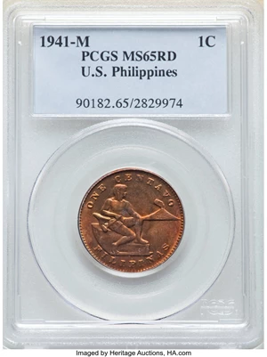 image for: 1941-M 1C Philippines Centavo MS65 Red PCGS. PCGS Population: (5/2). NGC Census: (0/0). CDN: $100 Whsle. Bid for NGC/PCGS M...