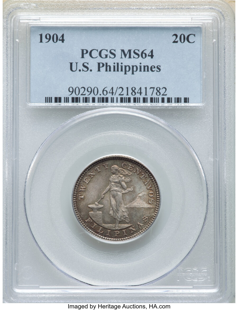 image for: 1904 20C Philippines 20 Centavos MS64 PCGS. PCGS Population: (28/36). NGC Census: (21/28)....