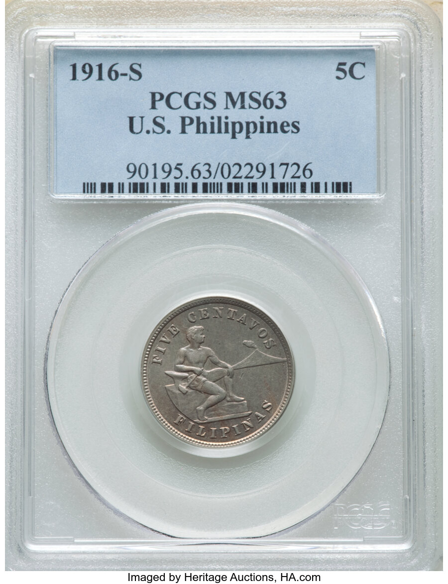 image for: 1916-S 5C Philippines 5 Centavo MS63 PCGS. PCGS Population: (11/15). NGC Census: (0/0). CDN: $450 Whsle. Bid for NGC/PCGS M...
