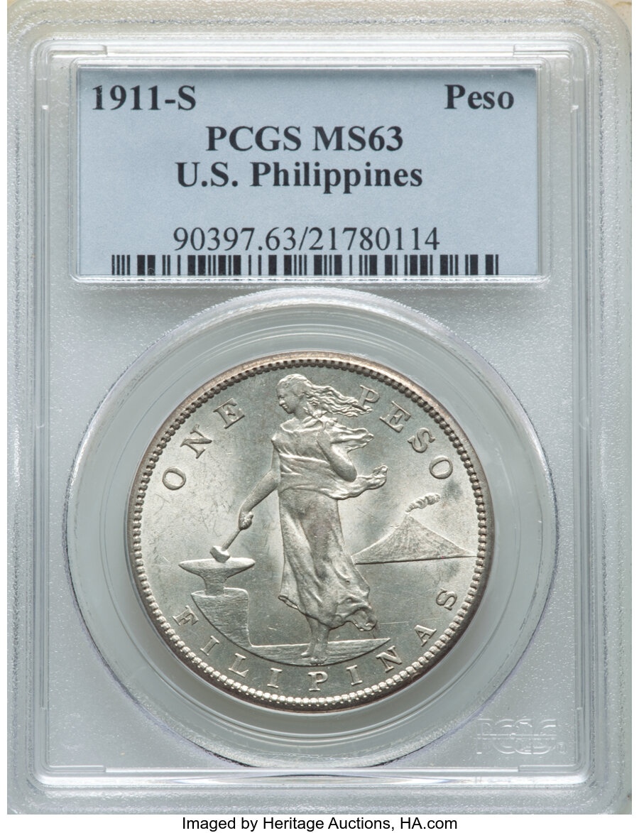 image for: 1911-S  Philippines Peso MS63 PCGS. PCGS Population: (5/11). NGC Census: (0/0). CDN: $9,000 Whsle. Bid for NGC/PCGS MS63. M...