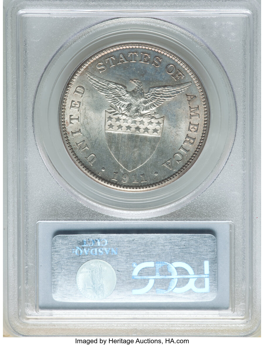 image for: 1911-S  Philippines Peso MS63 PCGS. PCGS Population: (5/11). NGC Census: (0/0). CDN: $9,000 Whsle. Bid for NGC/PCGS MS63. M...